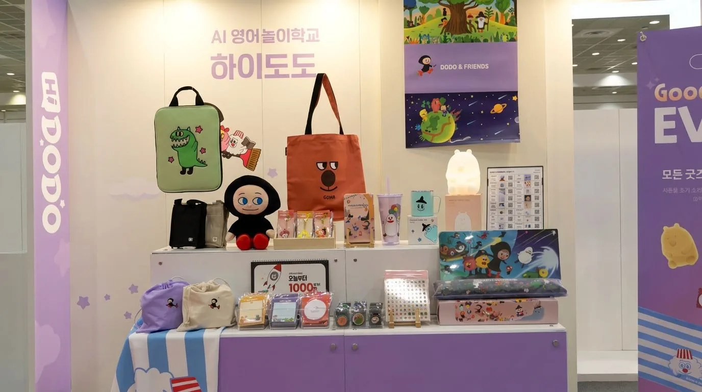 현장에서 나눠주는 도도앤프렌즈 굿즈 진열대